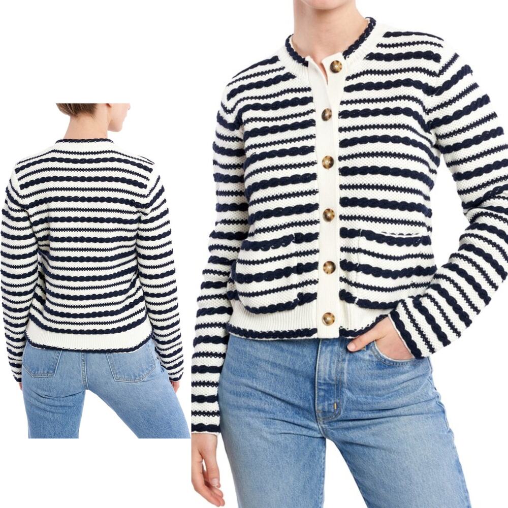 LA LIGNE 'Paula' Black & White Striped Braid Knit Cardigan Sweater US XS